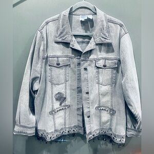Diane Gilman Grey Floral Embroidered Denim Jacket with metal charm fringe 3X